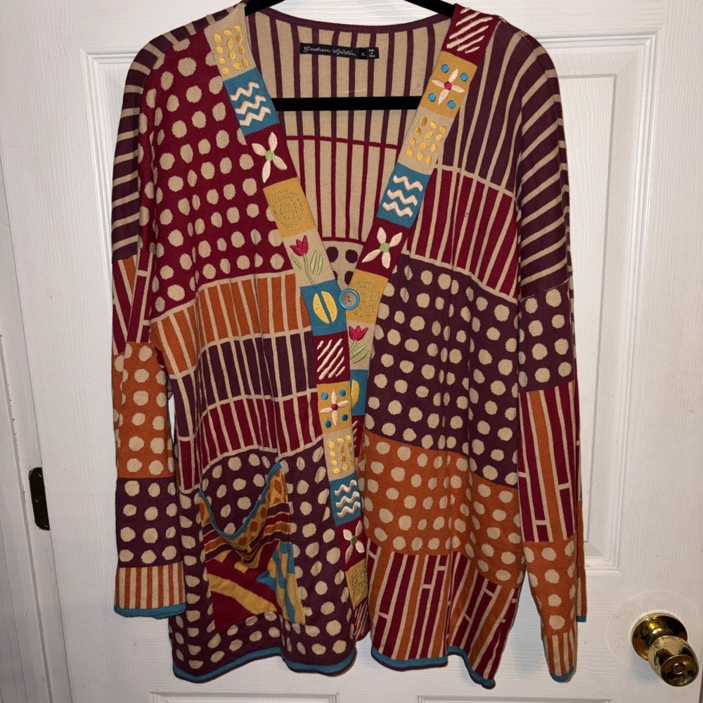 GUDRUN SJODEN XL Dot Check Patchwork Cardigan Sweater Red Orange Teal Artsy